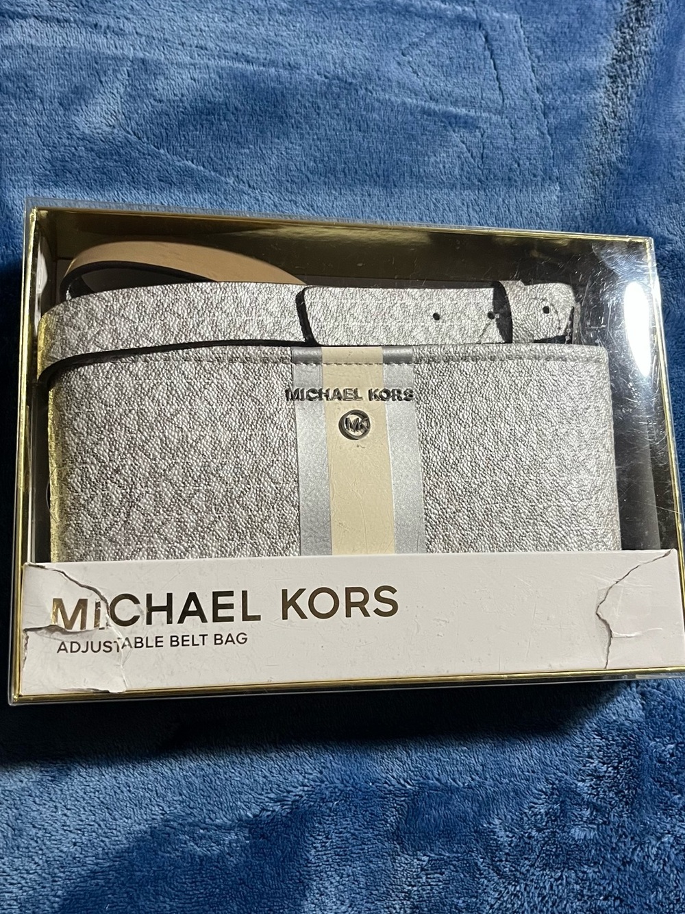 Michael Kors Silver Belt Bag with Cream Center Stripe